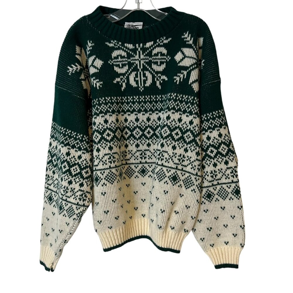 Boys Vintage Knit Sweater Size Large Fair Isle Green White USA Made Ground Contr